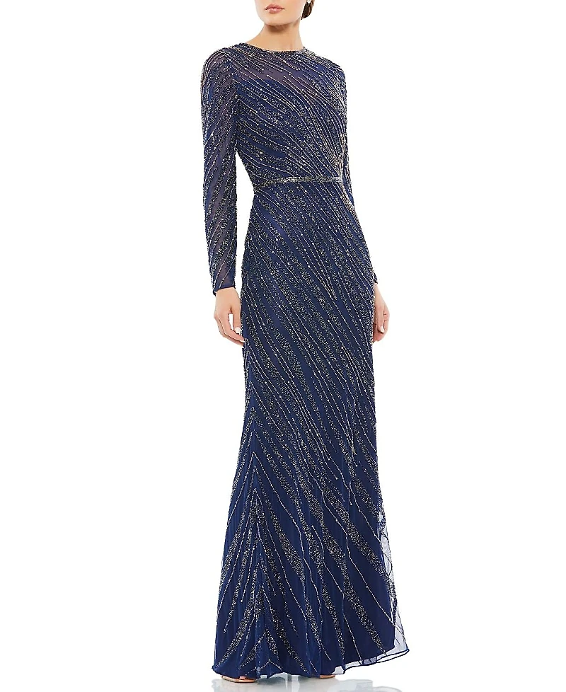 Mac Duggal Long Sleeve Beaded Column Gown