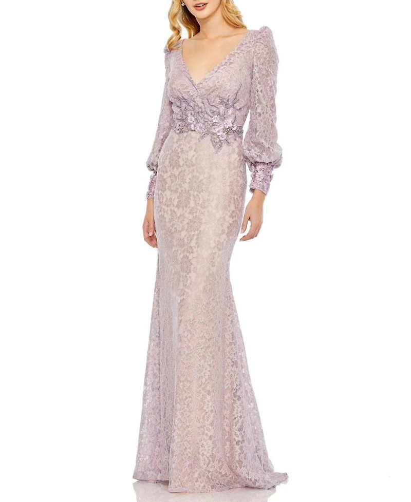 Lace Long Sleeve V Neck Embellished Gown