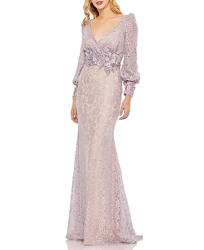 Mac Duggal Lace Long Sleeve V Neck Embellished Gown