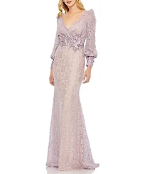 Mac Duggal Lace Long Sleeve V Neck Embellished Gown