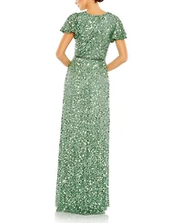 Sequined Wrap Over Butterfly Sleeve Draped Gown