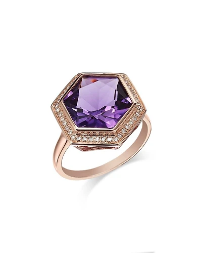 Amethyst & Diamond Bezel Ring in 14K Rose Gold
