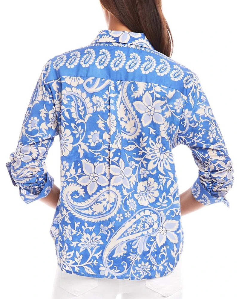 Ruched Sleeve Paisley Print Shirt