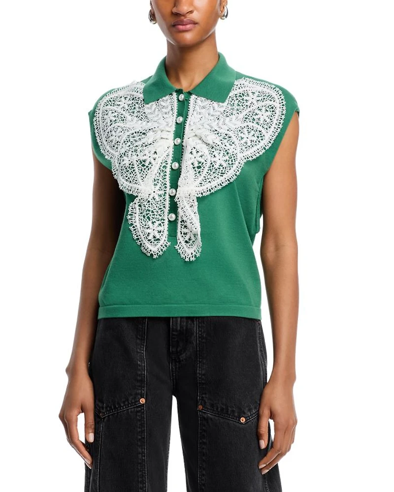 Lace Embellished Knit Polo Top