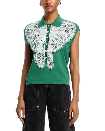 Lace Embellished Knit Polo Top