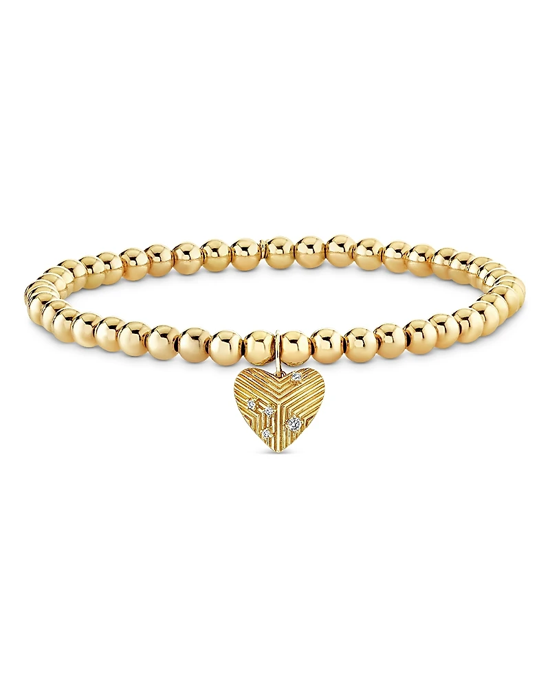 Sydney Evan 14K Yellow Gold Diamond Heart Charm Beaded Stretch Bracelet