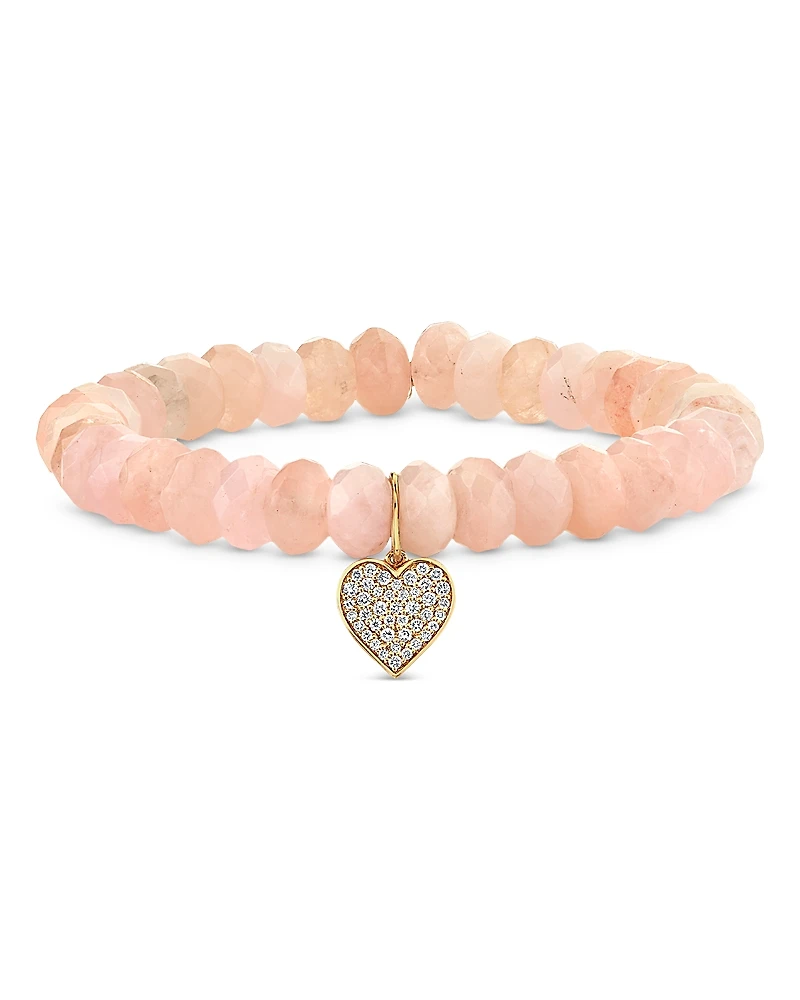 Sydney Evan 14K Yellow Gold Morganite & Diamond Pave Mini Heart Charm Beaded Bracelet