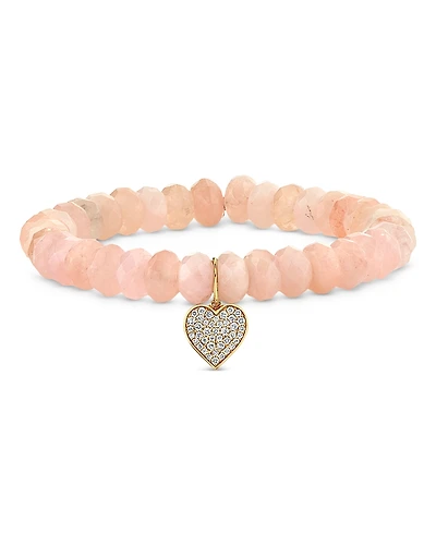 Sydney Evan 14K Yellow Gold Morganite & Diamond Pave Mini Heart Charm Beaded Bracelet