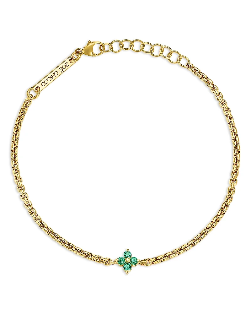 Zoe Chicco 14K Yellow Gold Emerald Gemstones Flower Cluster Box Chain Link Bracelet