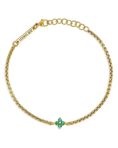 Zoe Chicco 14K Yellow Gold Emerald Gemstones Flower Cluster Box Chain Link Bracelet