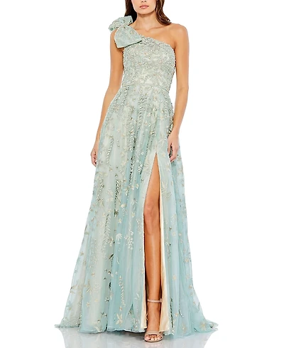Mac Duggal Embellished Bow One Shoulder A-Line Gown