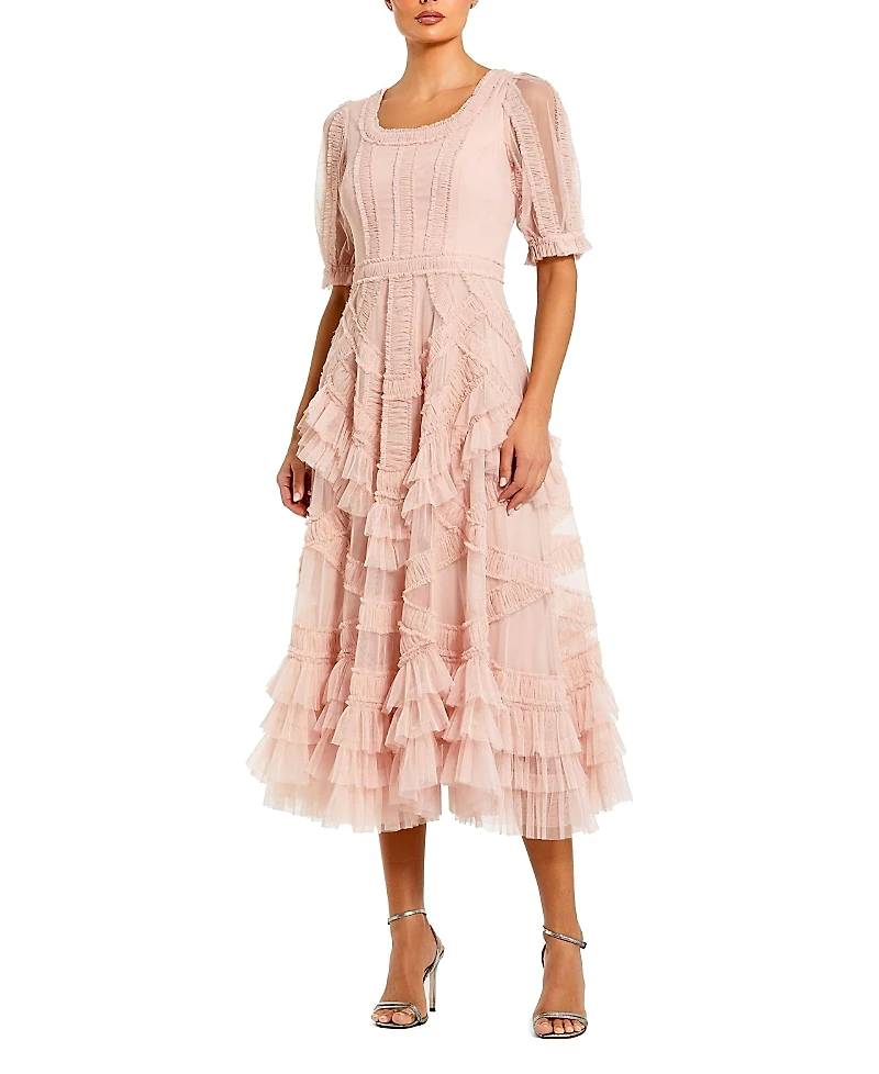 Mac Duggal Short Sleeve Mesh Mirco Ruffle Midi Dress