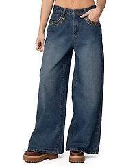 Edikted Gwen Leopard Detail Low Rise Dark Rinse Wash Jeans