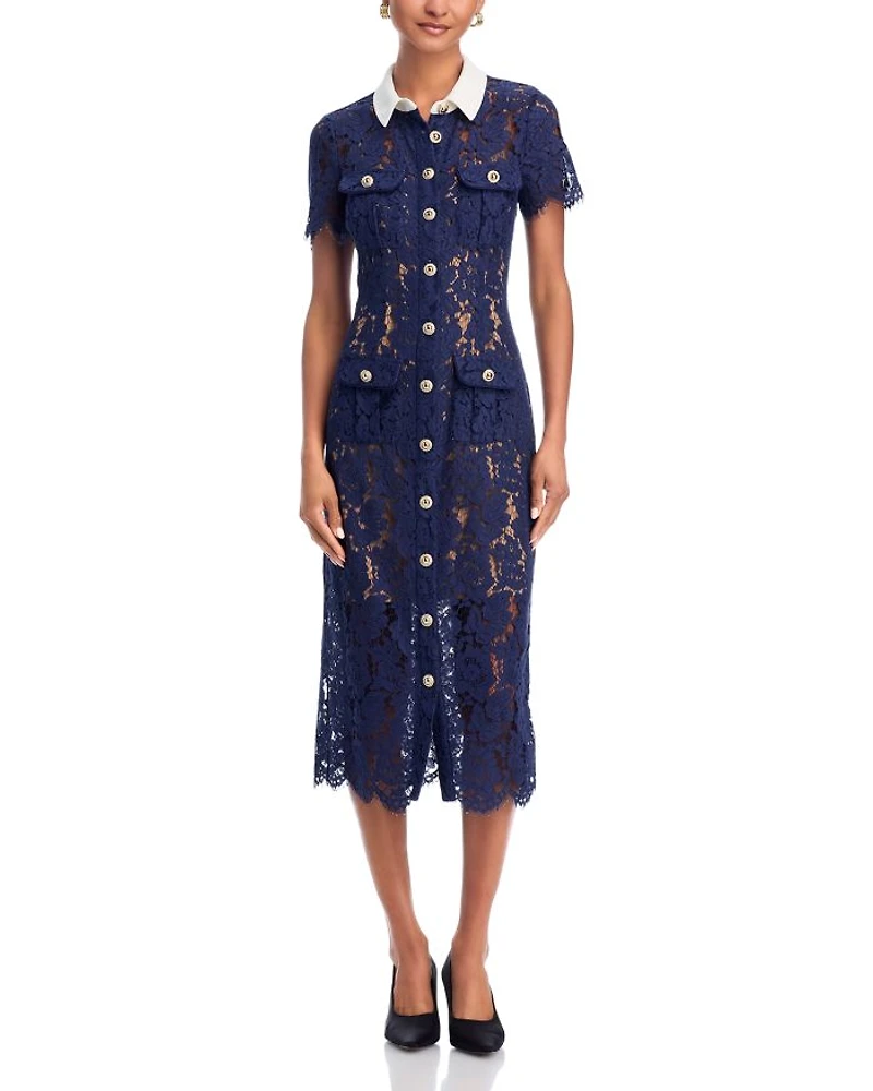 Navy Lace Contrast Collar Midi Dress