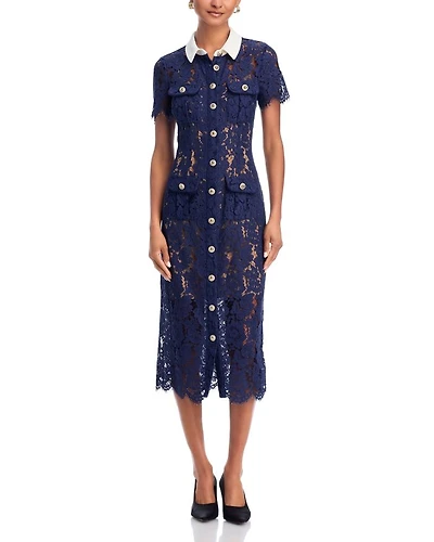 Navy Lace Contrast Collar Midi Dress