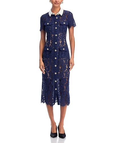 Self-Portrait Navy Lace Contrast Collar Midi Dress