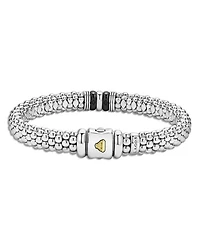 18K Yellow Gold & Sterling Silver Black Caviar Ceramic & Diamond Bead Link Bracelet