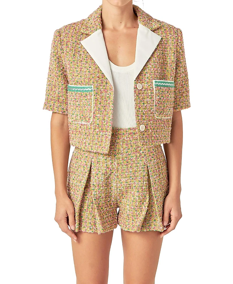 English Factory Women's Boucle Cropped Jacket with Trim