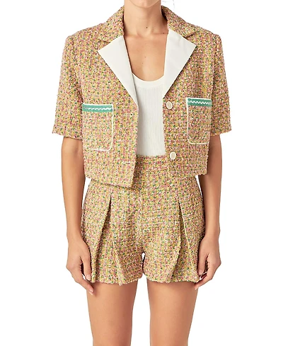 English Factory Women's Boucle Cropped Jacket with Trim
