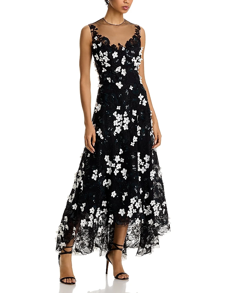 Teri Jon by Rickie Freeman Tulle Beaded 3D Flower High Low Hem Gown