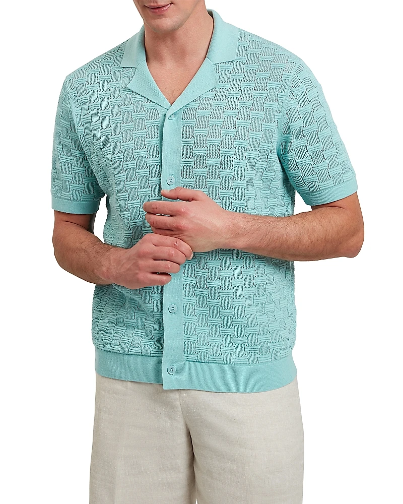 Ted Baker Ridges Short Sleeve Textured Silk and Cotton Regular Fit Button Down Shirt