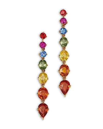 Multicolor Sapphire Linear Drop Earrings in 14K Yellow Gold