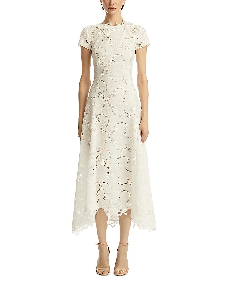 Oscar de la Renta Short Sleeve Scroll Guipure Day Dress