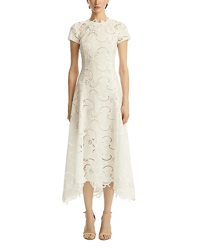 Oscar de la Renta Short Sleeve Scroll Guipure Day Dress