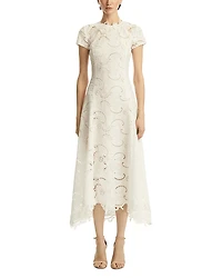 Oscar de la Renta Short Sleeve Scroll Guipure Day Dress