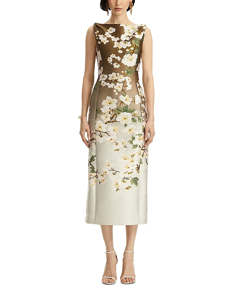 Oscar de la Renta Sleeveless Jacquard Ombre Cherry Blossom Dress