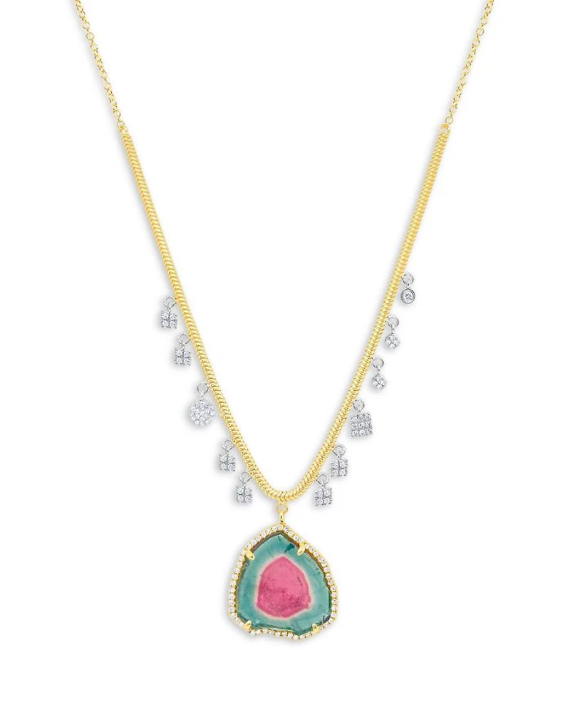 14K White & Yellow Gold Watermelon Tourmaline & Diamond Dangle Pendant Necklace, 16-18"