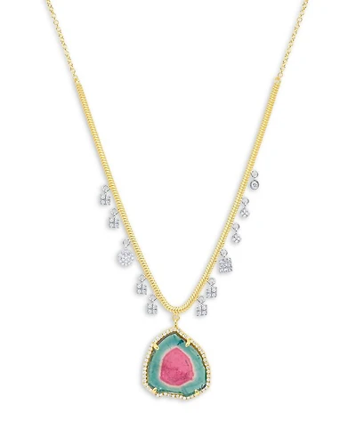 14K White & Yellow Gold Watermelon Tourmaline & Diamond Dangle Pendant Necklace, 16-18"
