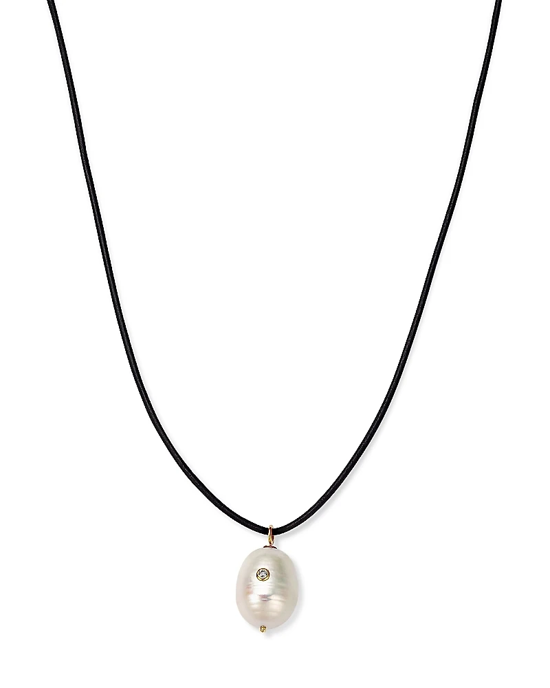 Zoe Chicco 14K Yellow Gold Diamond Baroque Pearl Pendant Leather Cord Necklace, 18