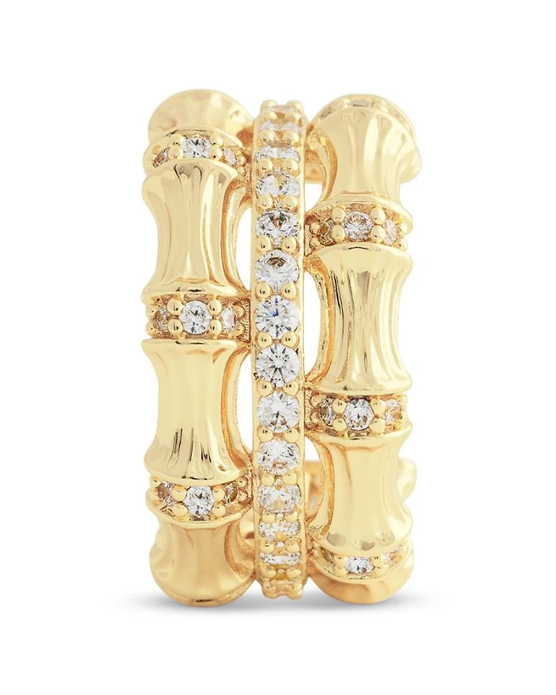 Pavé Bamboo Stacked Half Hoop Earrings in 18K Gold Plated