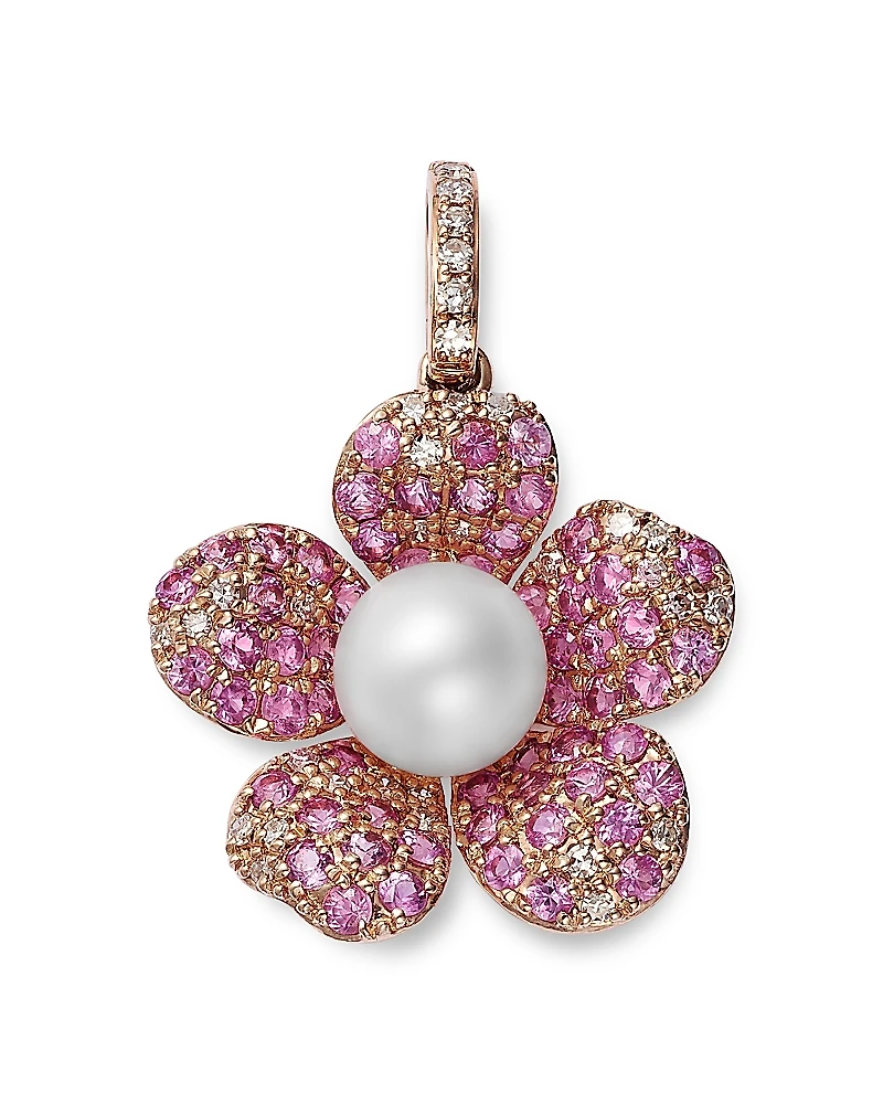 Bloomingdale's Fine Collection Freshwater Pearl, Pink Sapphire & Diamond Flower Pendant