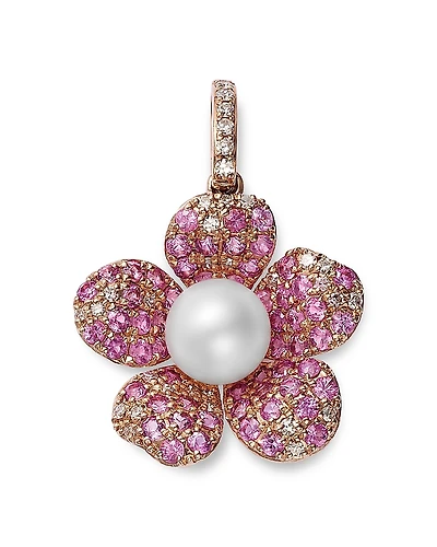 Bloomingdale's Fine Collection Freshwater Pearl, Pink Sapphire & Diamond Flower Pendant