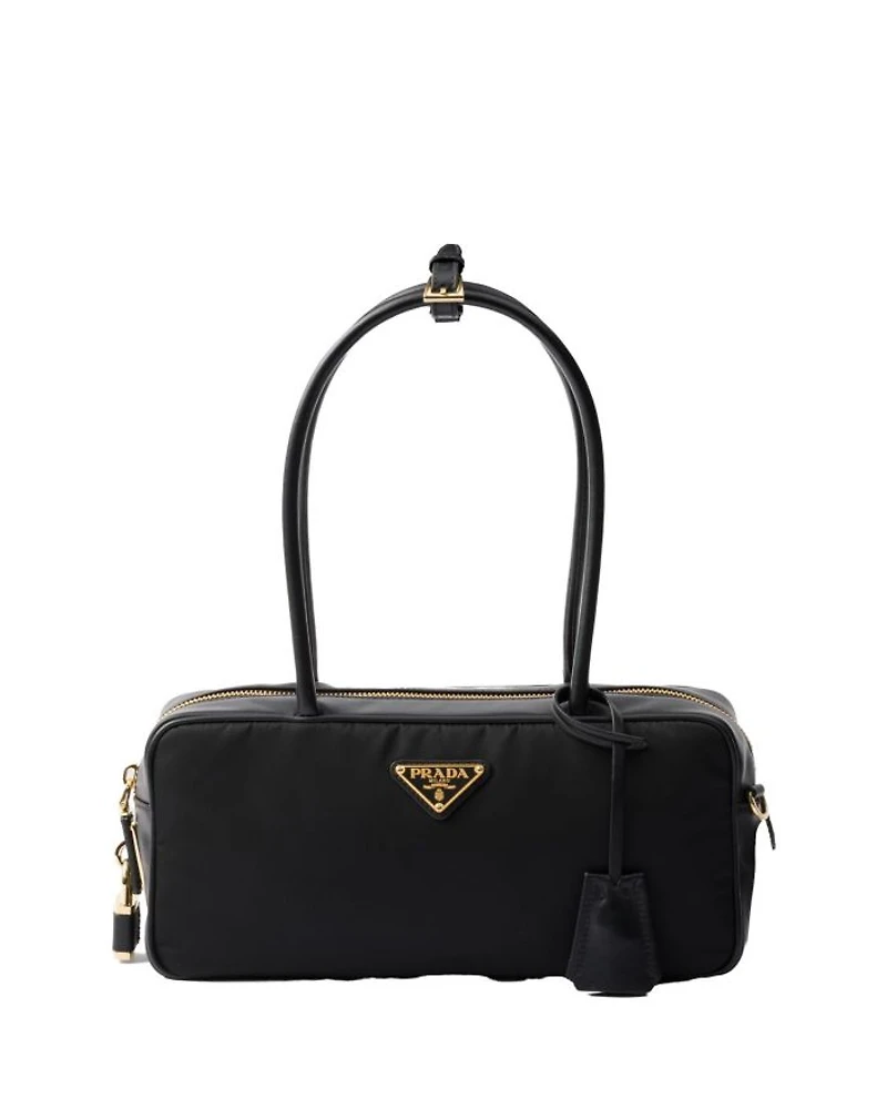 Re-Nylon and Leather Top-Handle Bag with Padlock