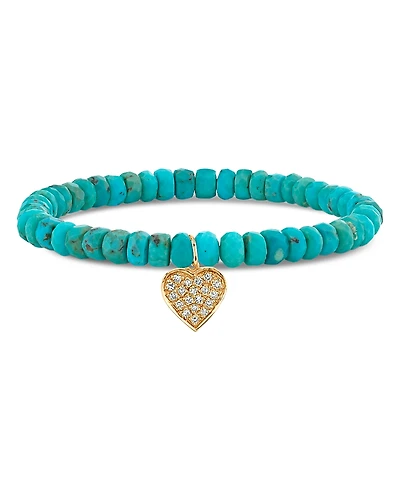 Sydney Evan 14K Yellow Gold Diamond Pave Heart Charm Turquoise Bead Bracelet