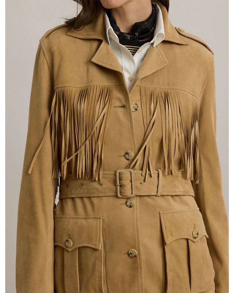 Fringe Trim Belted Goat Suede Jacket