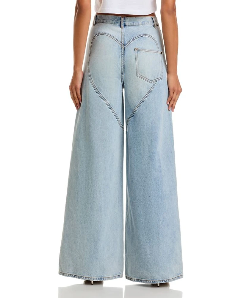 Wide Leg Crystal Slit Jeans Light Blue
