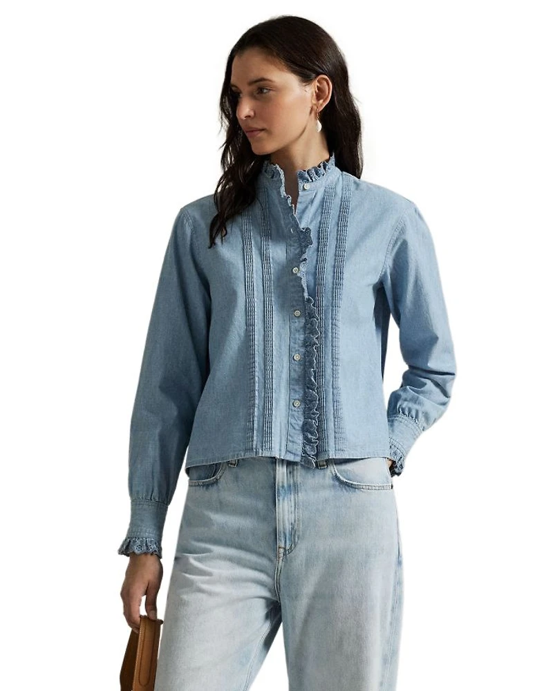 Ruffle Trim Chambray Top