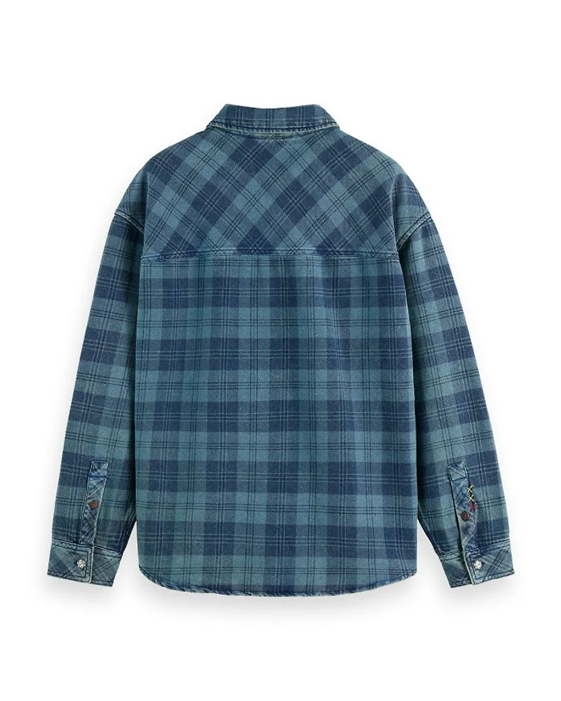 Regular Fit Washed Denim Check Shirt Jacket