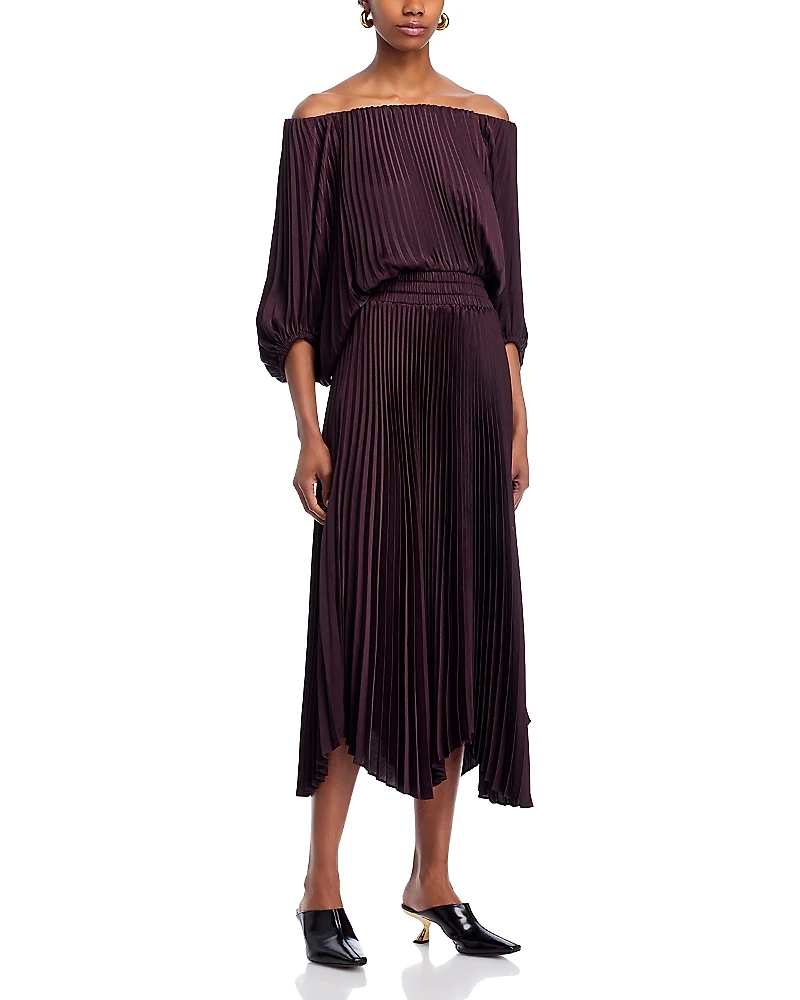 A. l.c. Sienna Pleated Off-the-Shoulder Dress