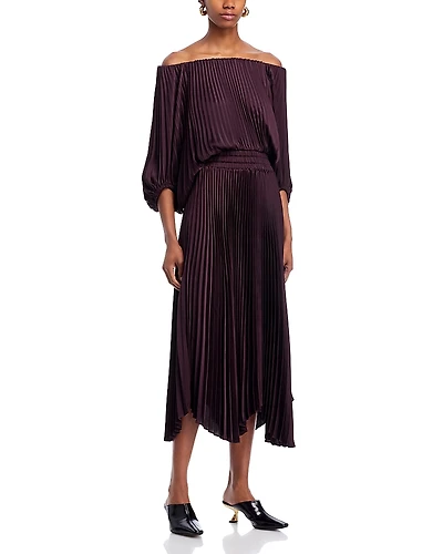 A. l.c. Sienna Pleated Off-the-Shoulder Dress
