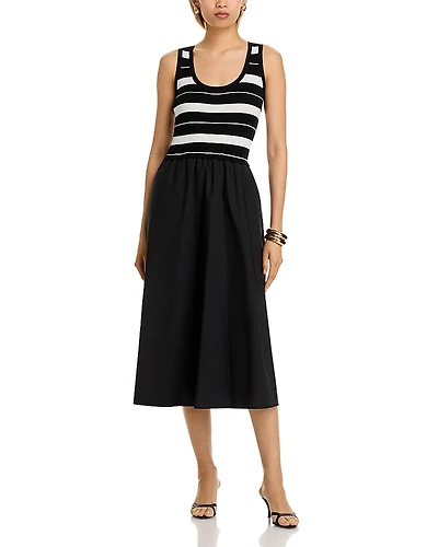 T Tahari Stripe Scoop Neck Mixed Media Midi Dress
