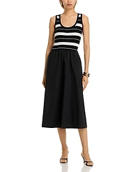 T Tahari Stripe Scoop Neck Mixed Media Midi Dress