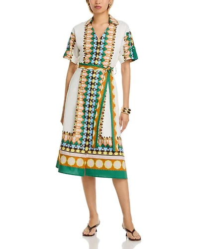 Printed Elbow Sleeve Tie Waist Dress