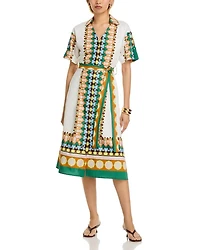 Printed Elbow Sleeve Tie Waist Dress