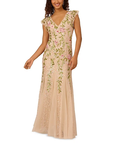 Adrianna Papell Beaded Mesh Flutter Sleeve Dress