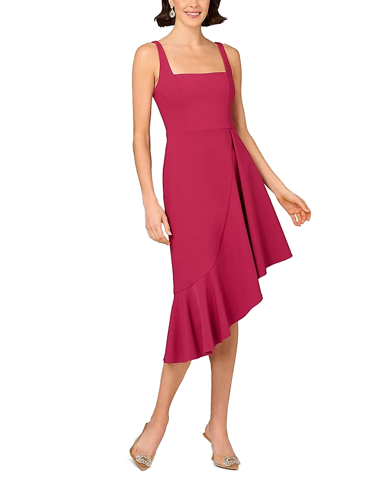 Aidan Mattox Stretch Crepe Asymmetric Midi Dress